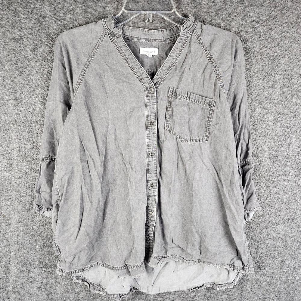 Westbound Top Womens S Gray Button Down Tencel Lyocell Ruffle Cuff EUC